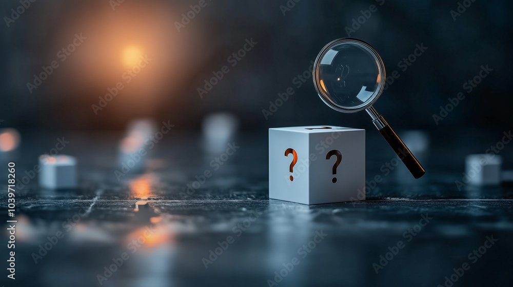 Aufkleber a cube with a magnifying glass icon focusing on a cube with a question mark, set against a clean bac
