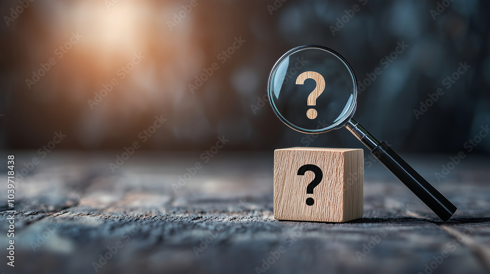 Aufkleber a magnifying glass symbol on a wooden cube, carefully analyzing a question mark on another cube, rep