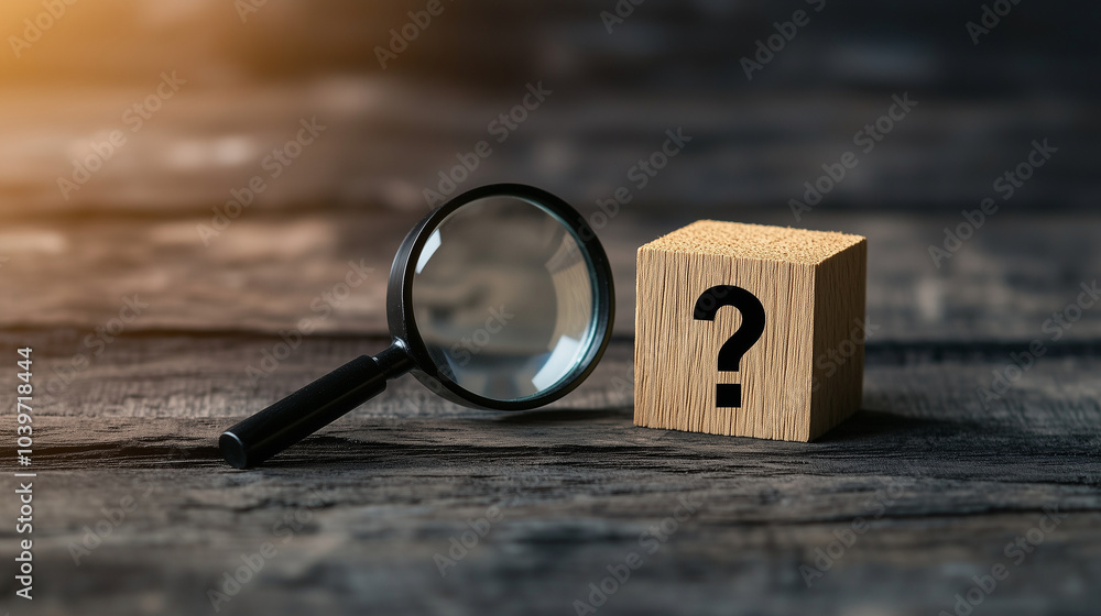 Aufkleber a magnifying glass symbol on a wooden cube, carefully analyzing a question mark on another cube, rep