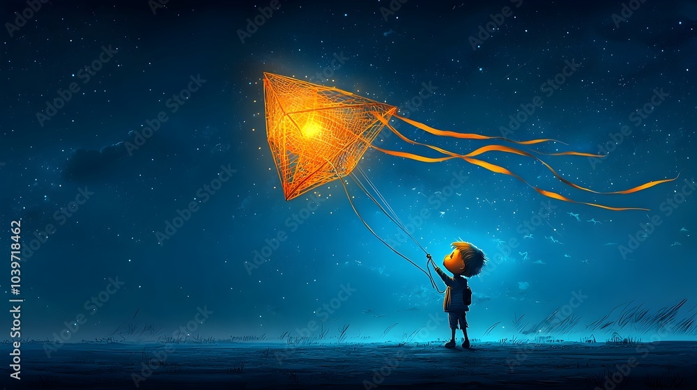 Poster glowing ethereal mesh kite soaring effortlessly through a vibrant neon lit sky with trailing ribbons