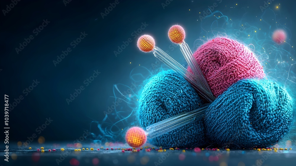 Aufkleber glowing futuristic looking mesh knitting needles with luminous iridescent yarn in an abstract digita