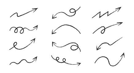 Hand-drawn doodle chalk arrows set. Black brush arrow elements and symbols of direction pointers for the infographic. Vector direction navigation. Arrows for web design or interface. 
