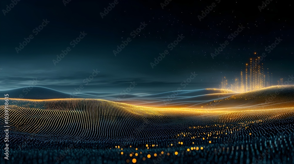 Poster glowing geometric crop field with mesh outlines showcasing precision agriculture and innovative farm