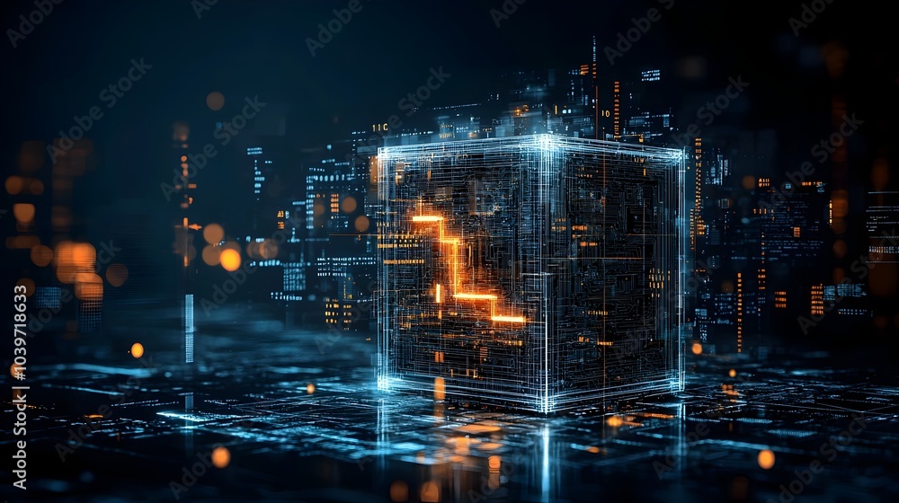 Poster glowing futuristic wireframe cube abstract geometric digital backdrop minimalist 3d render with lumi