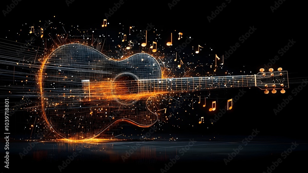 Aufkleber glowing guitar notes effortlessly flowing through a mesh of luminous lines in an abstract digital sh