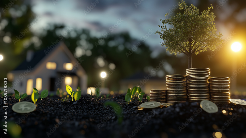 Poster a close-up of a stack of gold coins with a tree sprouting from the top, next to a model house in a l