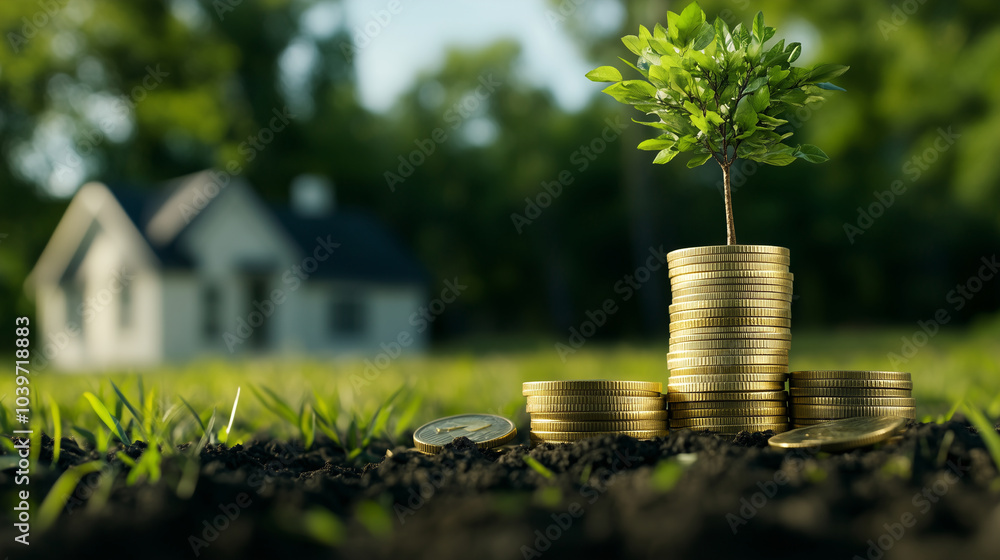 Poster a close-up of a stack of gold coins with a tree sprouting from the top, next to a model house in a l