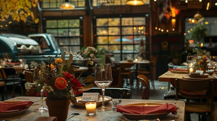 Fototapeta premium Farm-to-table restaurant serving seasonal dishes, with candles and fall...