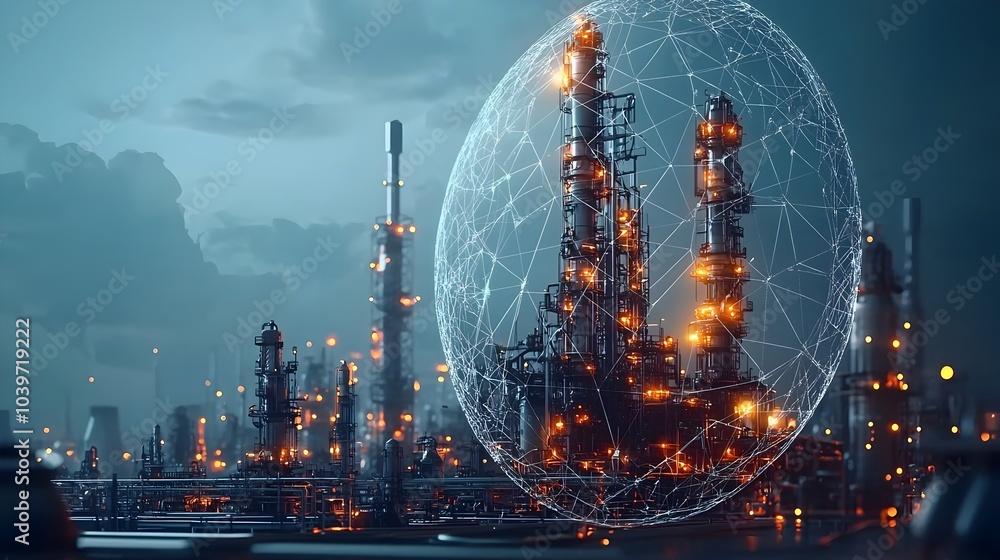 Aufkleber glowing high tech oil refinery with an intricate mesh of interconnected lines representing the compl