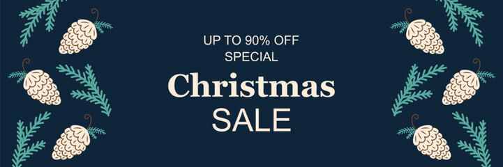 Fototapeta premium Horizontal banner Christmas sale. Frame with pine cones on the edges. dark background. Christmas and New Year. Vector illustration.