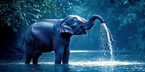 A large elephant is standing in a river, spraying water from its trunk