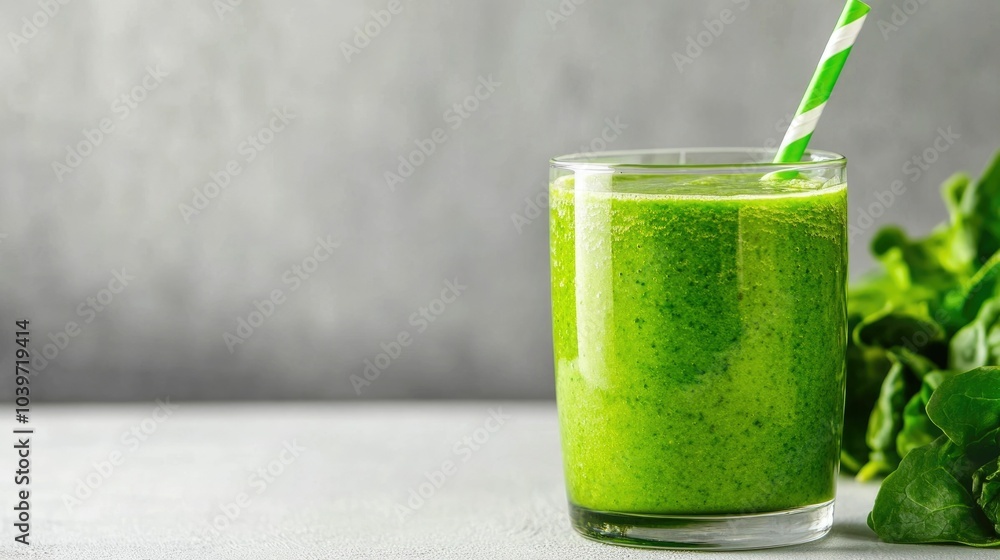 Poster vibrant green smoothie in a glass with a straw set on a white table with a soft blurred background s