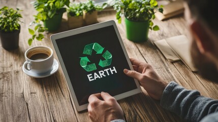 A man uses a tablet to learn about recycling and sustainability, sitting at a wooden table with potted plants, a cup of coffee, and paper envelopes.