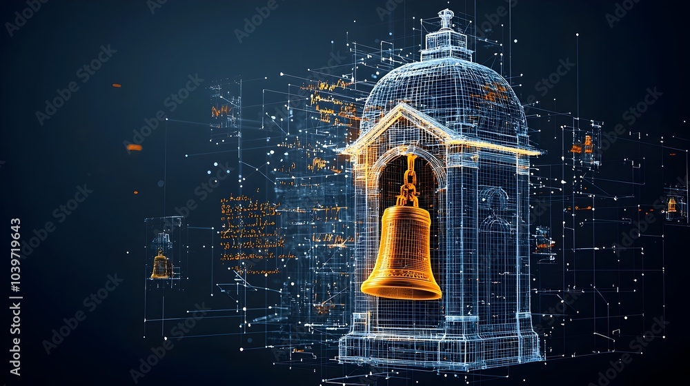 Aufkleber glowing mesh bell tower with outlines of ringing chimes futuristic architectural visualization of a 