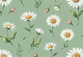 A pattern of daisies and roses on a light green background. The concept of nature and summer