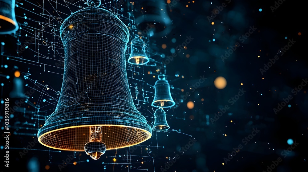 Poster Glowing Mesh Bell Tower with the Outlines of Ringing Chimes   Futuristic and Minimalist 3D Architectural