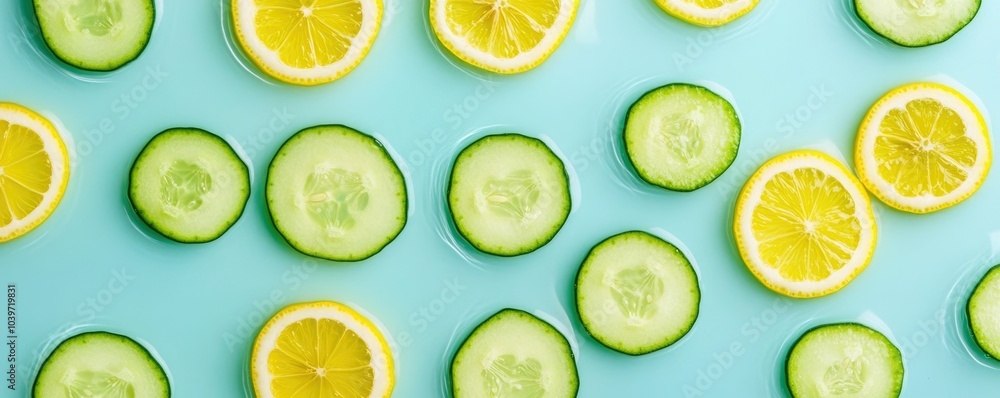 Poster close up view of a lemon and cucumber water infusion in a glass showcasing the bright vibrant citrus