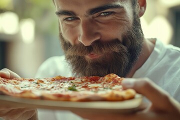 Man Eating Pizza. Bearded Man Hipster Enjoying Delicious Pizza for Lunch