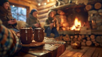 Friends on a weekend getaway, sitting around a cabin fireplace, with mugs of...