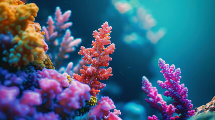 Fototapeta premium Aesthetic oceanic colorful fluorescent coral reef on blue background. Copy space. Aquarium hobby. Generative AI