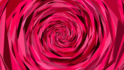 Abstract geometric vibrant pink rose background made of triangles with spiral effect. Digital artwork with a modern futuristic style, blending expressionism and polygonal design. Vector illustration