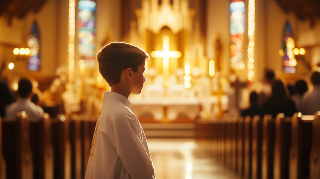 An altar server bows before the monstrance during a high Mass in a Kansas City church, the golden monstrance shining brightly on the altar, symbolizing the sacredness of the Euchar