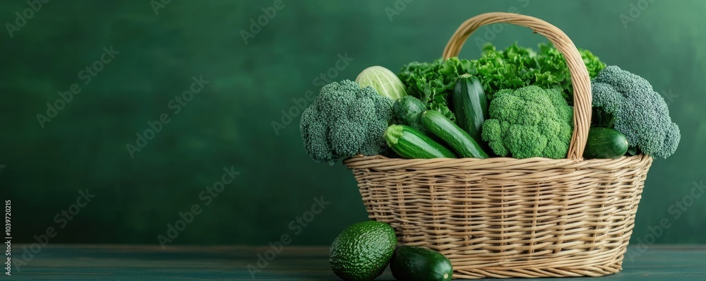 Aufkleber a wicker basket overflowing with an assortment of fresh green vegetables including broccoli and avoc