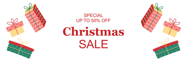 Horizontal Christmas Sale Banner with gift boxes. Greeting card on white background. Christmas and New Year. Vector illustration.