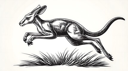 Obraz premium Elegant minimalist sketch of a jumping kangaroo, its body gracefully arched in mid-motion, drawn with soft, flowing lines on a clean white background, capturing its agility and speed, hd quality,