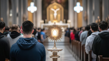 The sacred moment of confession is captured in a Catholic church in Manhattan, where the faithful await their turn as Eucharistic Adoration continues, the priest holding the glowin