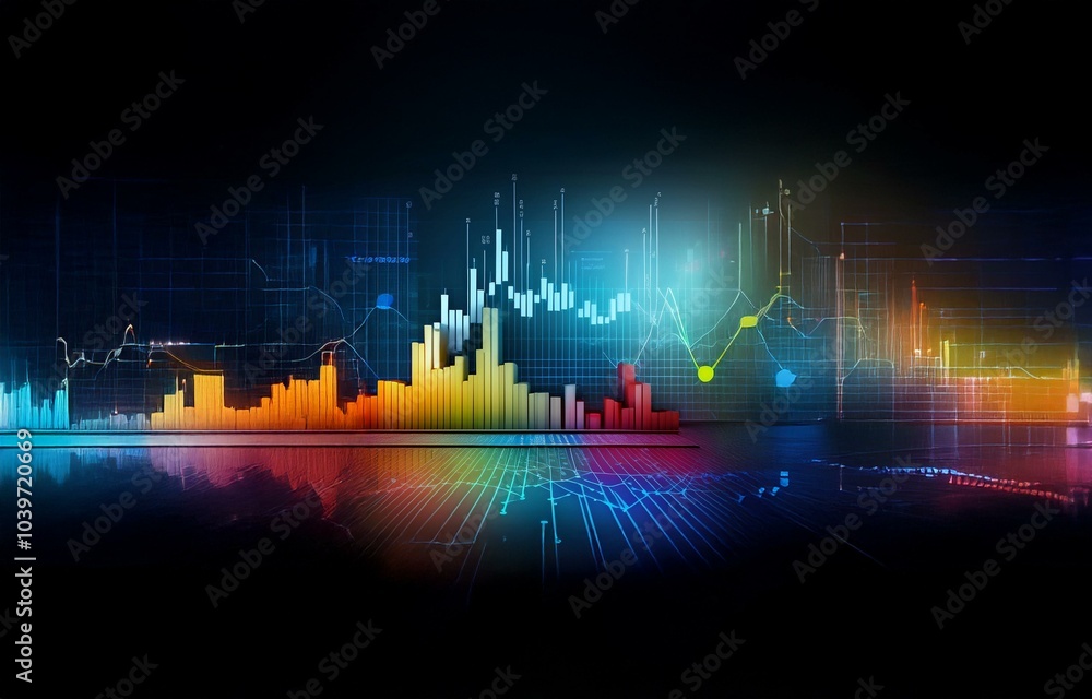 Poster abstract background with various colorful data visualizations and graphs.