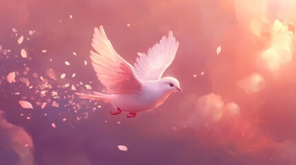 Fototapeta premium graceful bird with feathers resembling soft, pastel petals that glow faintly in the sky. 