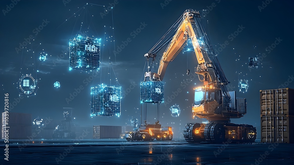Poster glowing mesh cranes efficiently handling cargo containers at harbor dock futuristic industrial trans