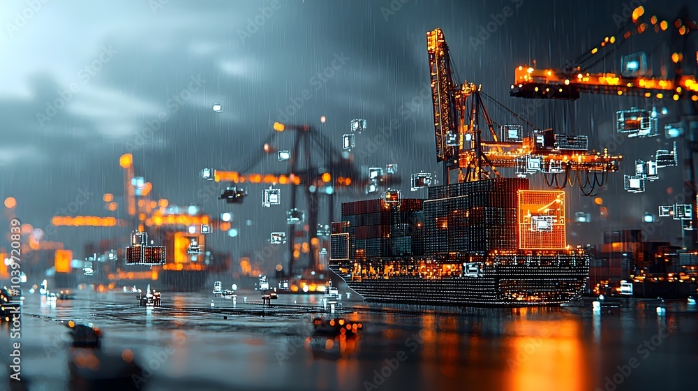 Leinwandbilder Glowing Mesh Cranes Handling Cargo Containers at Busy Harbor Terminal with Efficient Logistics and Shipping Transportation