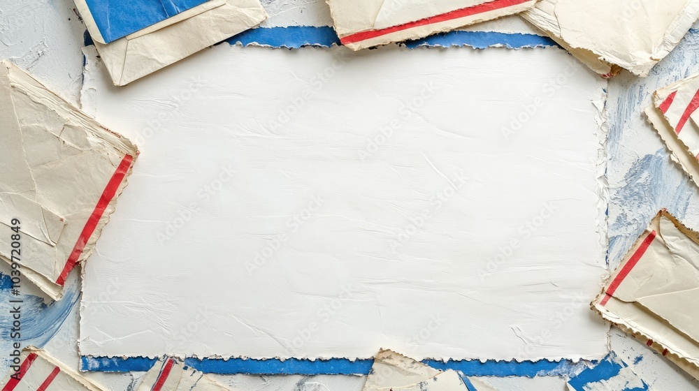 Poster top-down view of a stack of airmail envelopes on a white background, with blue and red borders creat