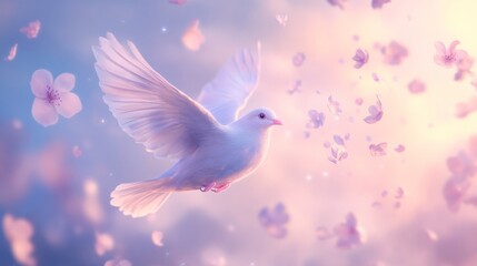Fototapeta premium graceful bird with feathers resembling soft, pastel petals that glow faintly in the sky. 