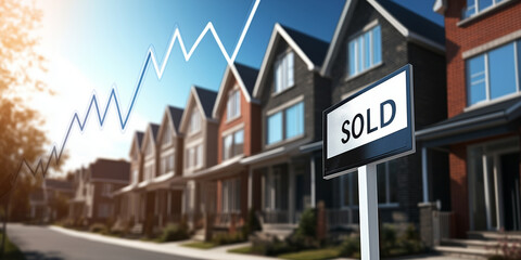 Obraz premium A row of stylish townhouses with sold signs in front, next to an ascending line graph symbolizing rising property values and real estate investments.