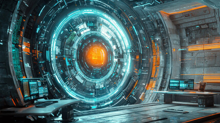 Future sci-fi scene supercomputer control center