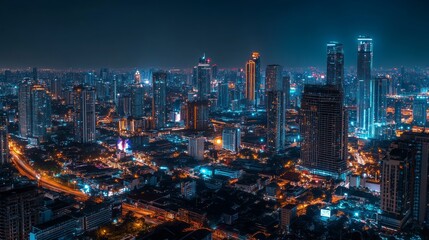 Obraz premium A panoramic view of a city skyline at night, with skyscrapers illuminated in vibrant colors.