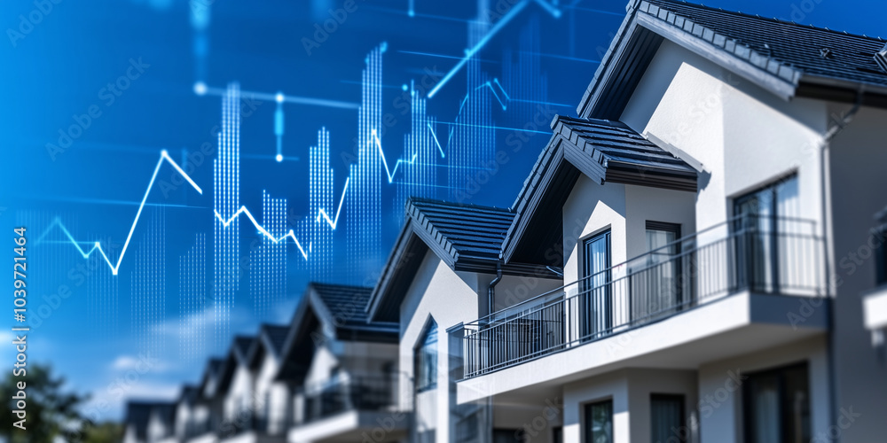 Poster a group of residential buildings with a large graph behind them, illustrating increasing property va