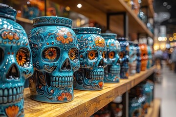 Decorative sugar skull ceramics with intricate floral designs displayed on wooden shelves in a vibrant store setting Generative AI