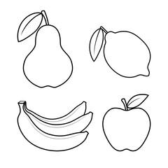 Fruits graphic icons set. Fruits signs isolated on white background. Apple, pear, lemon, bananas badges. Vector illustration