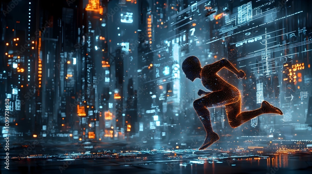 Fototapete glowing mesh figure representing a person running swiftly through a vibrant illuminated city landsca