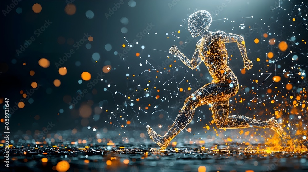 Poster glowing mesh figure representing a person running through a vibrant futuristic city at night the fig