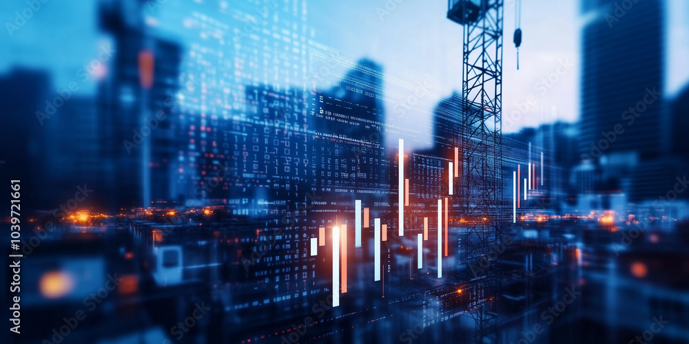 Poster a new construction site with cranes and scaffolding, overlaid with a digital bar graph representing 