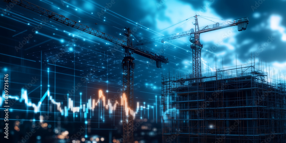 Poster a new construction site with cranes and scaffolding, overlaid with a digital bar graph representing 