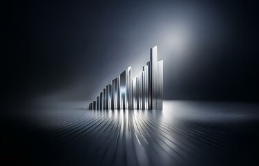 Naklejka premium A metallic cityscape rises against a dark background, with each building reflecting a soft light.