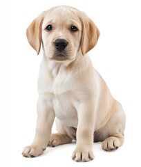Obraz premium Adorable yellow Labrador Retriever puppy sitting on white background Generative AI