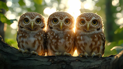 Three Owls Perched on a Branch - Realistic Animal Image