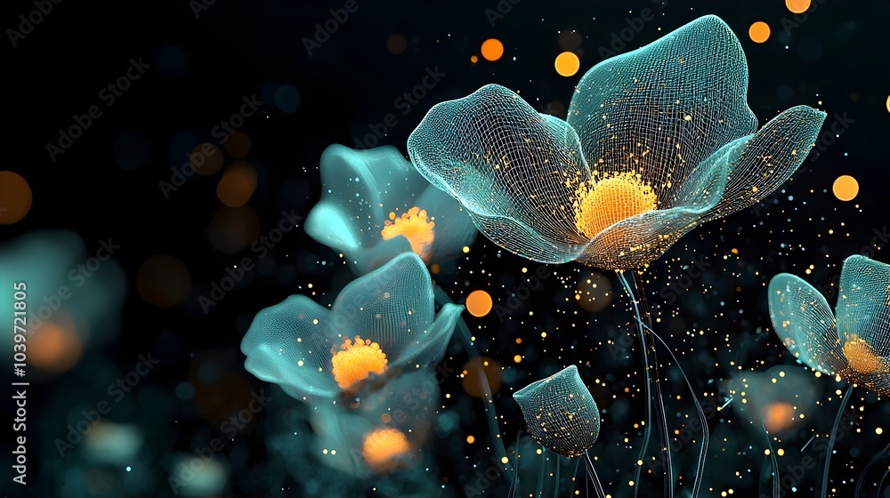 Leinwandbilder Glowing mesh flowers in abstract shapes creating a captivating ethereal scene in a mystical night garden setting  The digital features a surreal fantasy inspired floral design with a moody